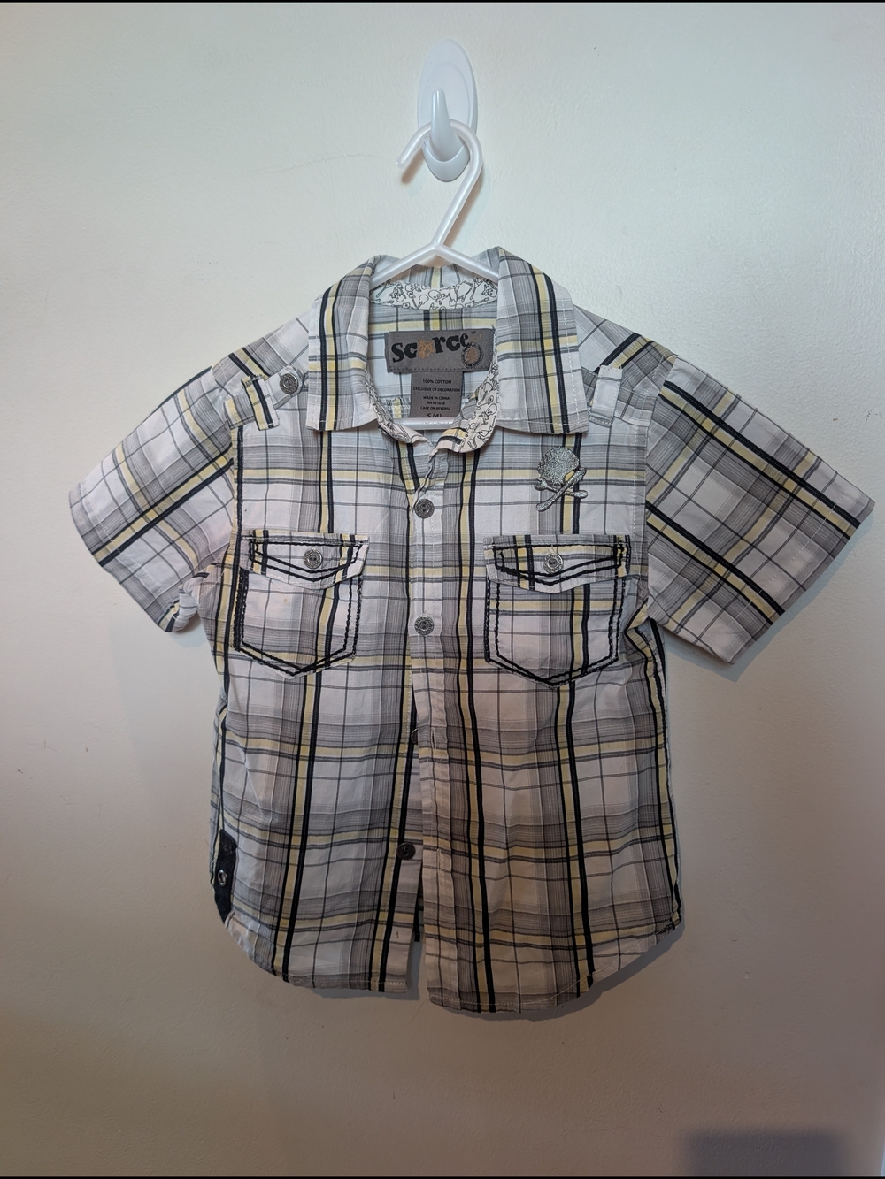 Squeeze Boys' Short-Sleeve Plaid Button-Down Shirt in White, Gray & Yellow